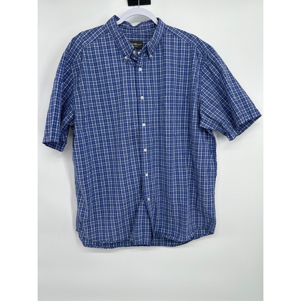 Eddie‎ Bauer Button Down Shirt Mens XL Blue Plaid Short Sleeve Cotton Casual
